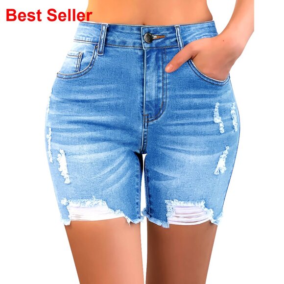 Ripped High Waisted Stretch Distressed Raw Hem Jean Shorts